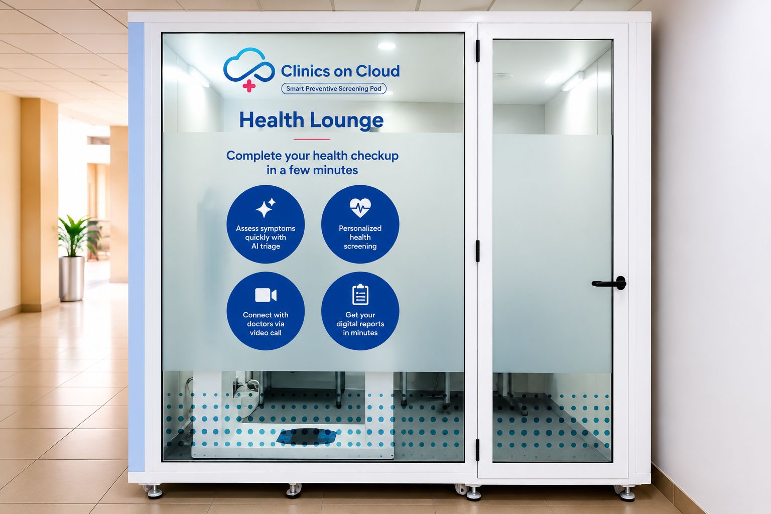 A Clinics On Cloud screening pod installed in an office lobby