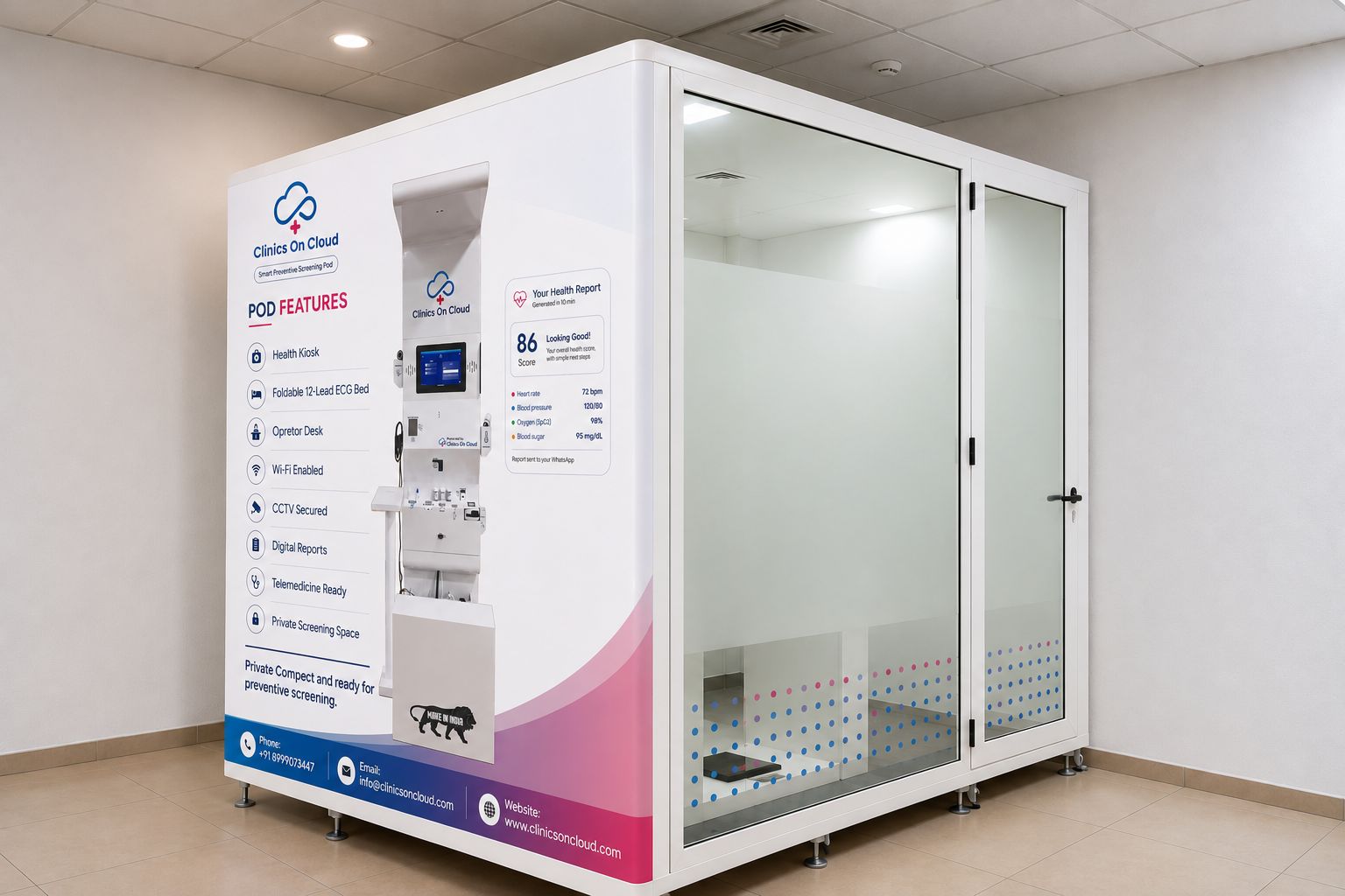 A Clinics On Cloud health screening pod installed in an office lobby